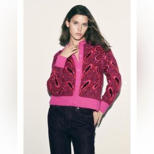 Zara pom-pom Jacquard Knit cardigan -hot pink wool button down sweater - size S